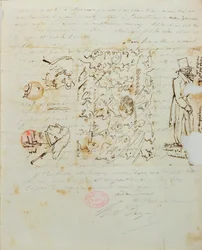 Brief mit Zeichnung an Balzacs Schwester Laure, 1821 (Feder und Tinte auf Papier)